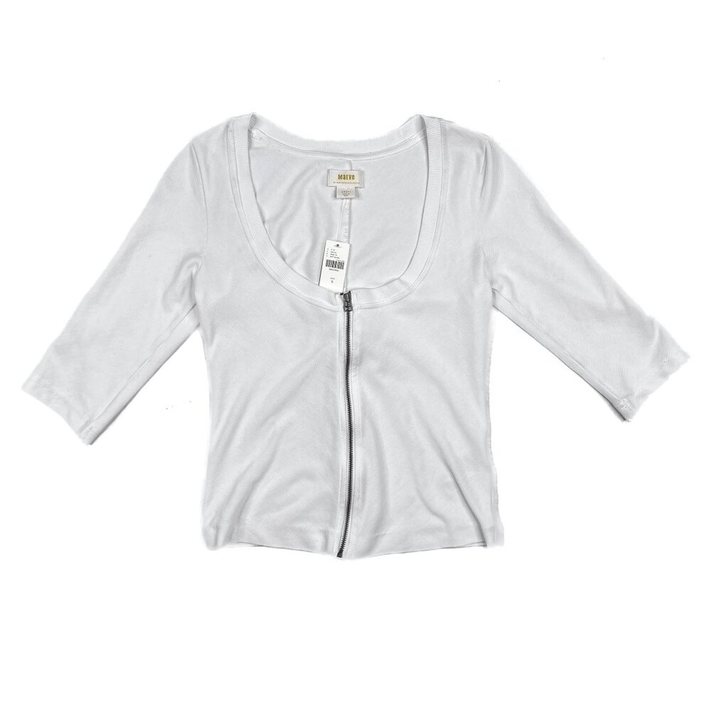 Maeve by Anthropologie Front Zip Ribbed Scoop Neck Top White Size S - NWT - Picture 2 of 7
